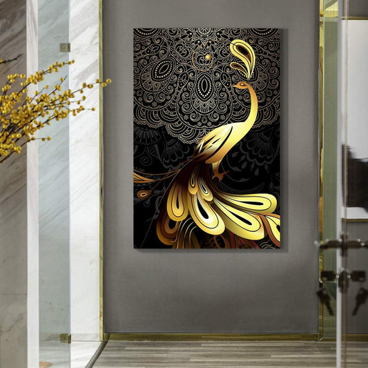 Brusheslife Peacock Canvas Wall Art: Luxurious Black and Gold Tail Feather - Giclee Prints for Living Spaces