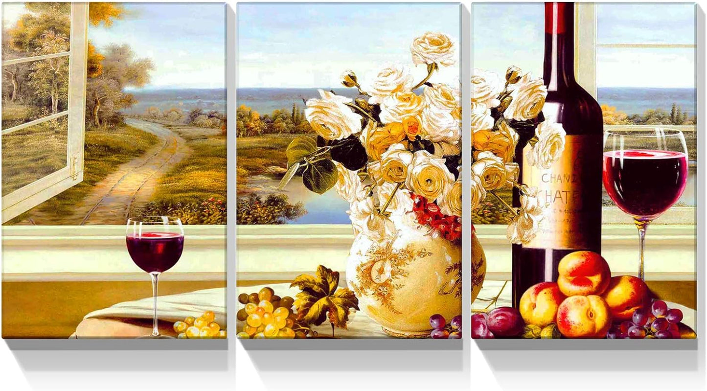 Brusheslife Kitchen Canvas Art: Triptych of Red Wine Bottles with Flowers