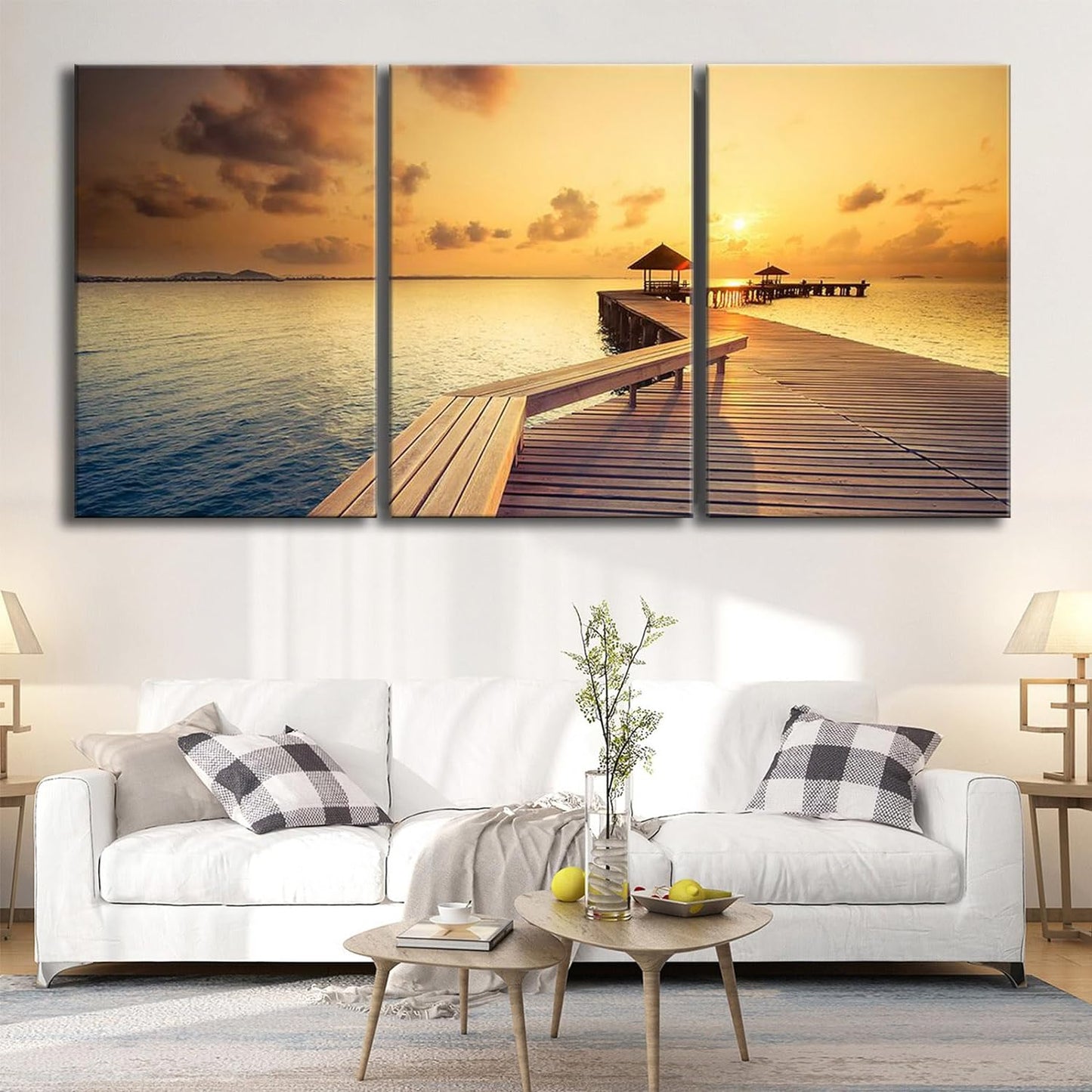 Brusheslife Seascape Wall Art - 3 Panel Sunset and Wooden Bridge Canvas for Home Decor