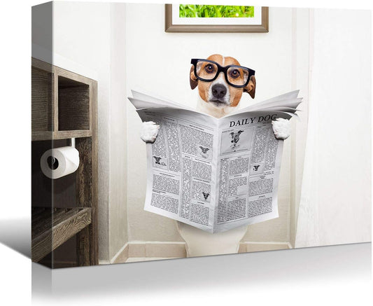 Looife Funny Animals Canvas Wall Art, 24x1.5x16 Inch Dog Read Newspaper on Toilet in Bathroom Picture Giclee Prints Wall Decor, Artwork Collection, Ready to Hang