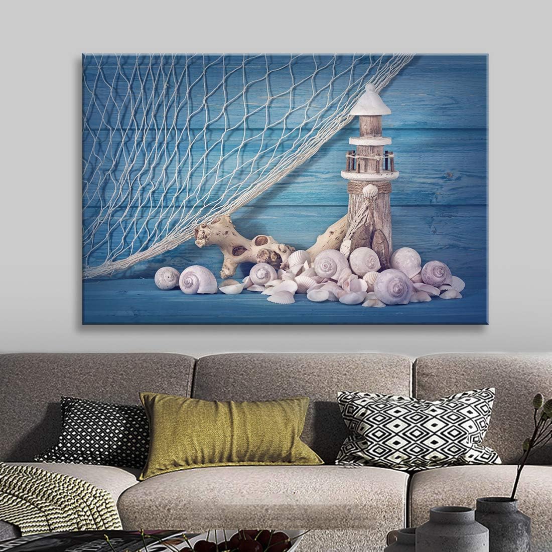 Brusheslife Ocean Theme Wall Art - Conch and Seashell on Blue Wood Board for Coastal Wall Decor