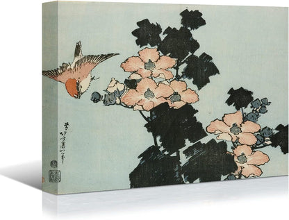 Brusheslife Japanese Art Reproduction - Katsushika Hokusai Inspired Plants and Birds Canvas Wall Art