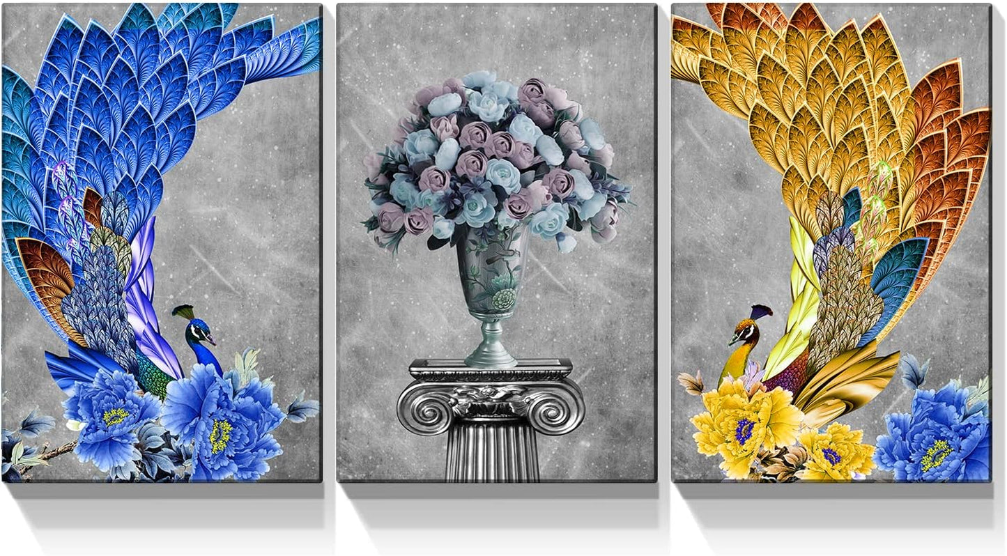 Brusheslife Peacock Art: Vintage Blue Couple with Flower Vase in 3-Panel Canvas