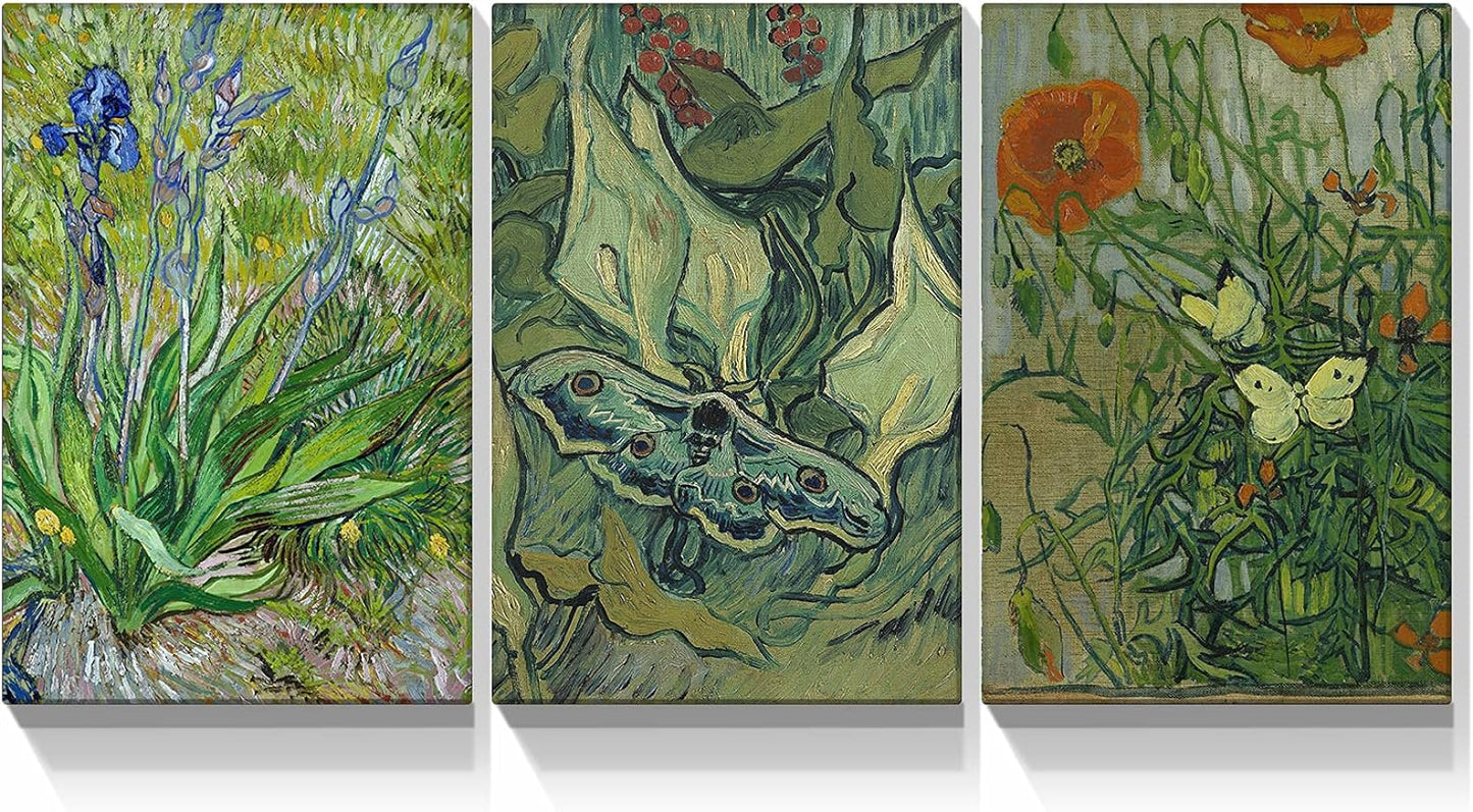 Brusheslife Van Gogh Inspired Wall Art - Gallery Wrapped Triptych of Botanical Paintings for Room Decor