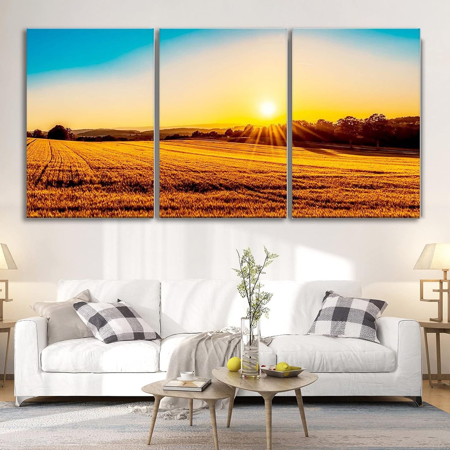 Brusheslife Wall Decor: Serene Sunset over Paddy Fields Canvas Set