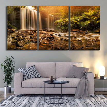 Brusheslife Canvas Wall Art: Serene Sunset Waterfall Creek Scene in 3 Panels