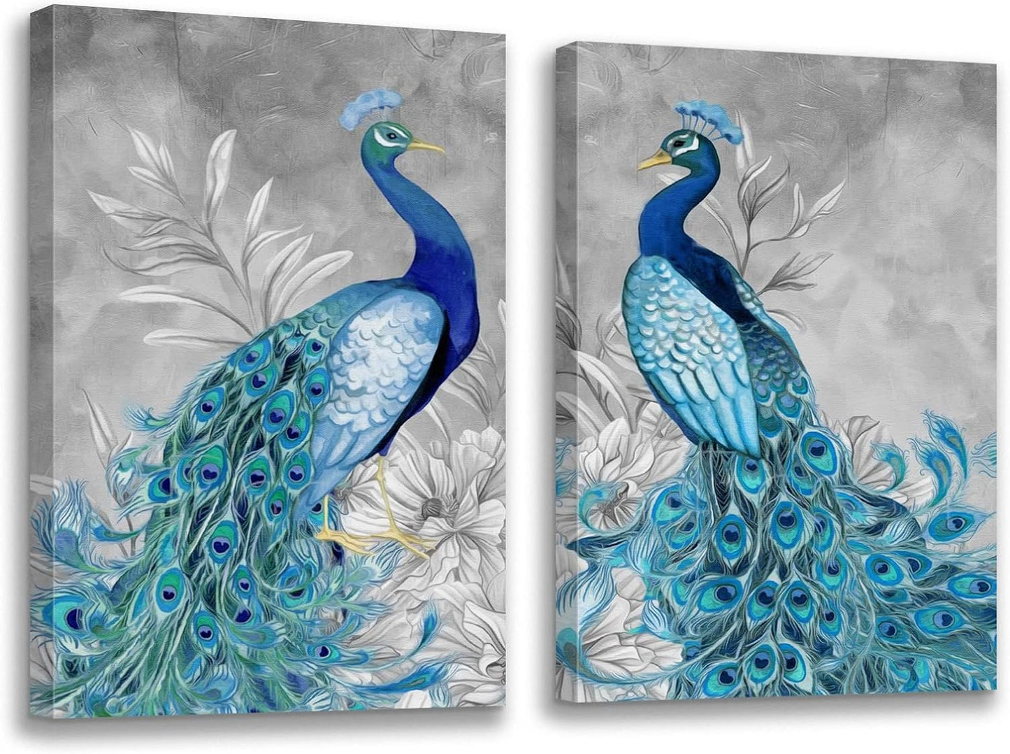 Brusheslife Peacock Art: Vintage Blue Tail on Grey Canvas Wall Decor