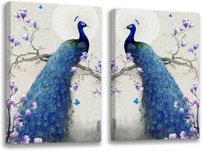 Brusheslife Peacock Art: Vintage Blue Tail on Grey Canvas Wall Decor