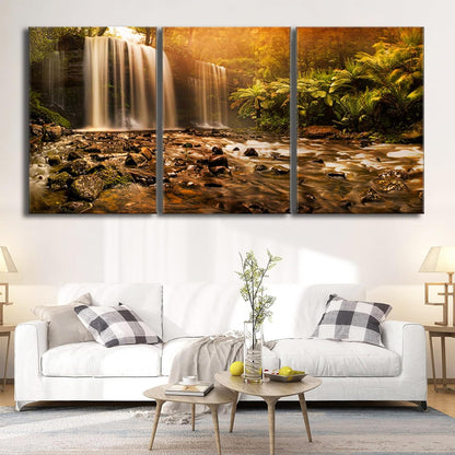 Brusheslife Canvas Wall Art: Serene Sunset Waterfall Creek Scene in 3 Panels