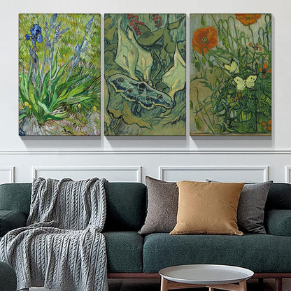 Brusheslife Van Gogh Inspired Wall Art - Gallery Wrapped Triptych of Botanical Paintings for Room Decor