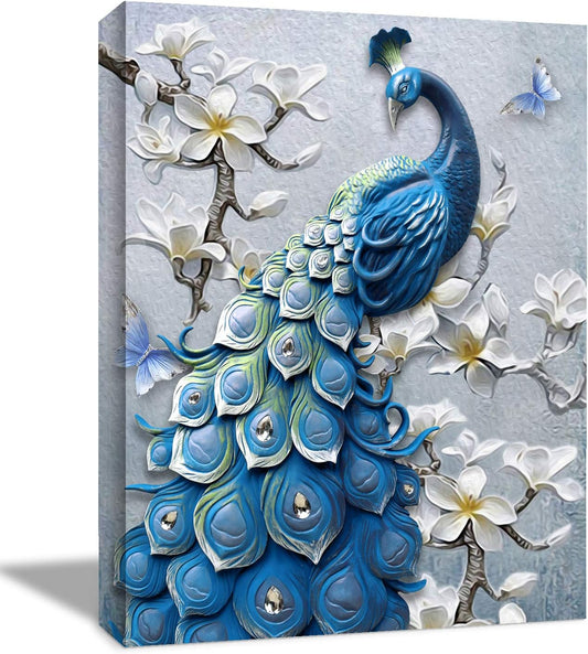 Looife Canvas Wall Art with Peacock Picture - 12x16 Inch Blue Peacock Tail Feather with Flowers Painting Artwork Giclee Prints Wall Decor for Living Room, Bedroom and Bathroom