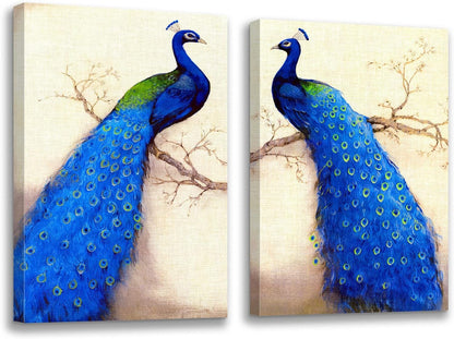 Brusheslife Peacock Art: Vintage Blue Tail on Grey Canvas Wall Decor