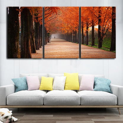 Brusheslife Canvas Wall Art: Triple Panel of Red Fallen Leaves on Trees