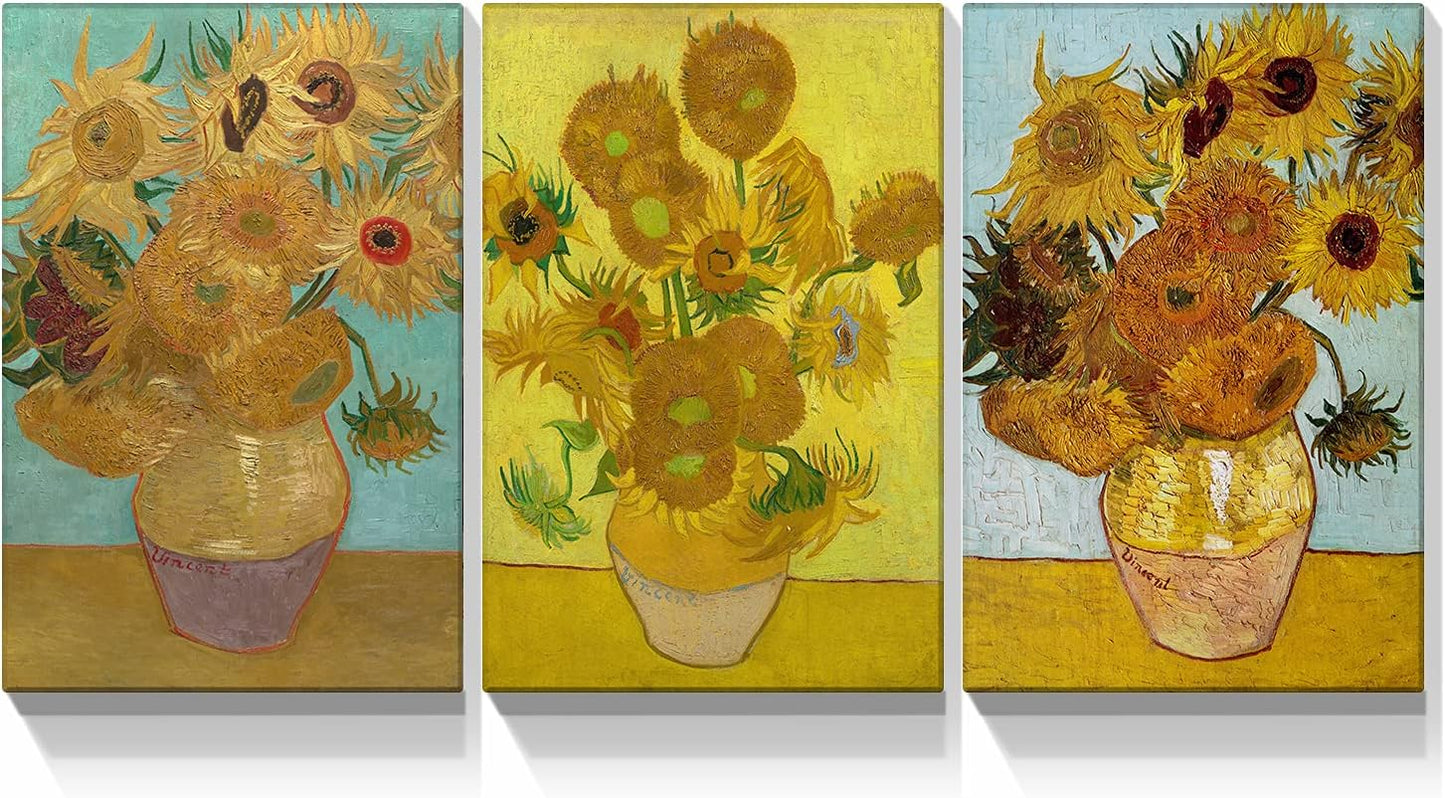 Brusheslife Van Gogh Inspired Wall Art - Gallery Wrapped Triptych of Botanical Paintings for Room Decor