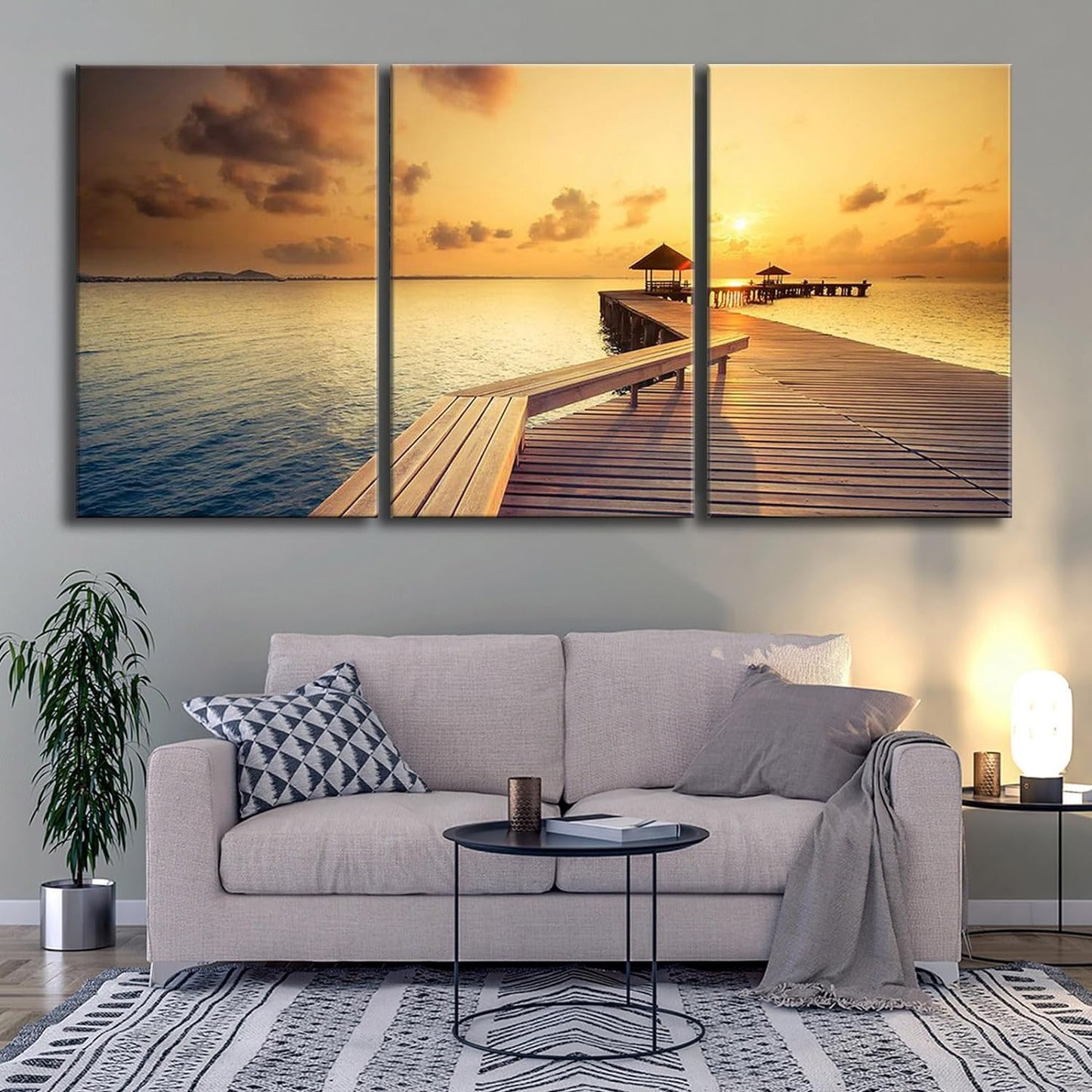 Brusheslife Seascape Wall Art - 3 Panel Sunset and Wooden Bridge Canvas for Home Decor