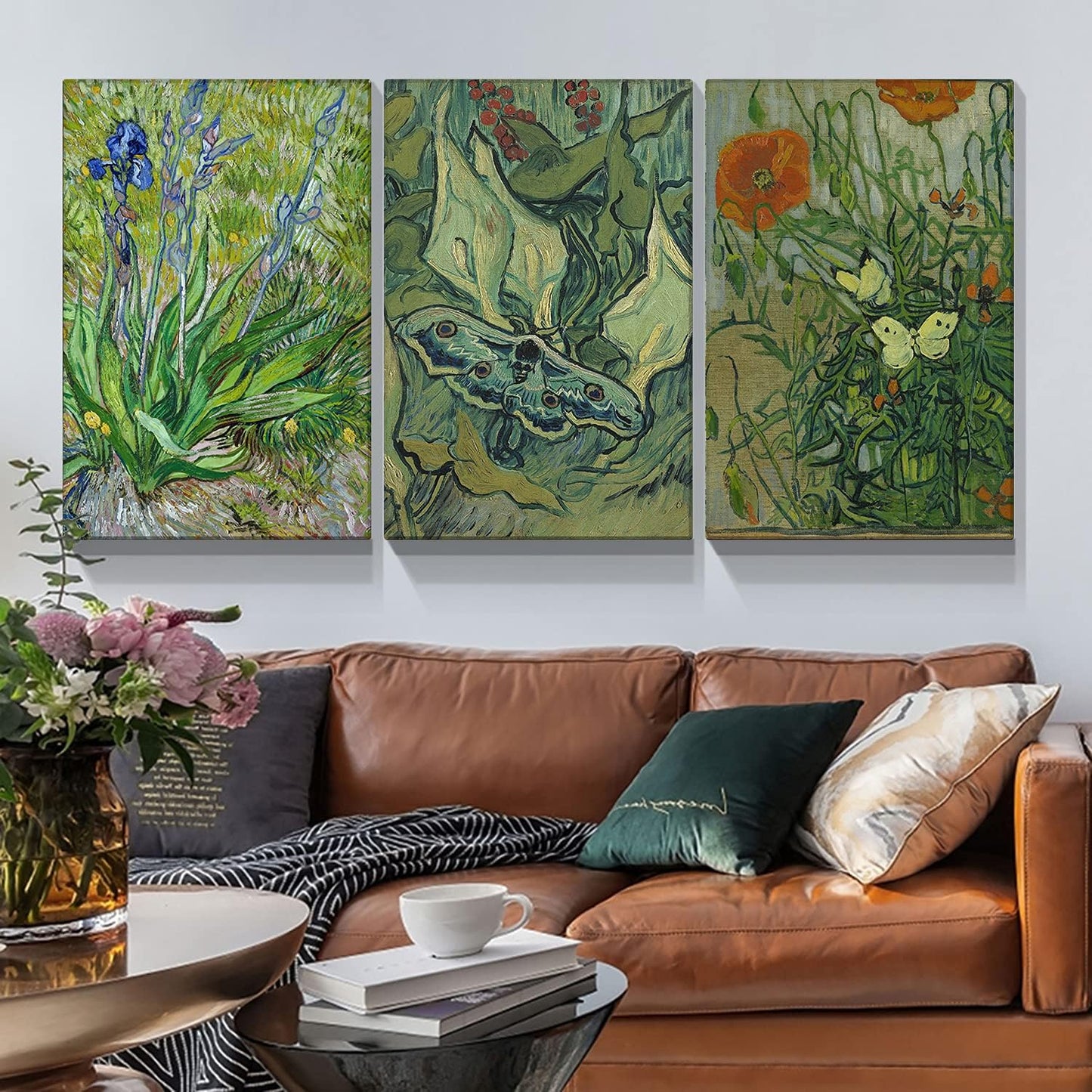 Brusheslife Van Gogh Inspired Wall Art - Gallery Wrapped Triptych of Botanical Paintings for Room Decor